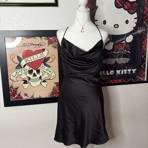 Blanc Clothing Black Satin Cowl Neck Mini Flowy Dress Dressy Formal